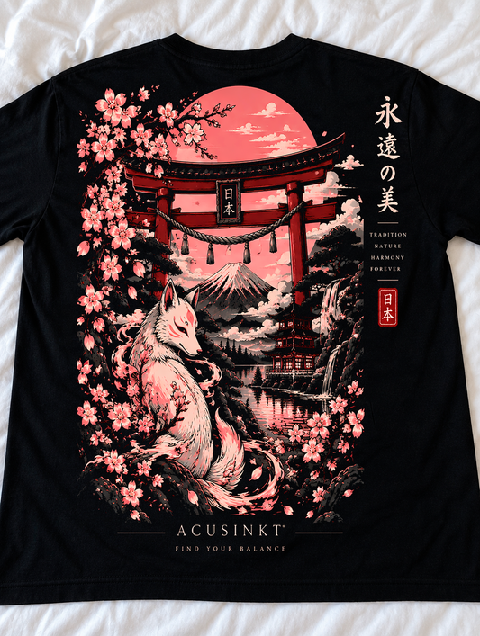 Acusinkt Zen Moment t-shirt uit de Sakura-collectie, rugprint met vos, torii en kersenbloesem