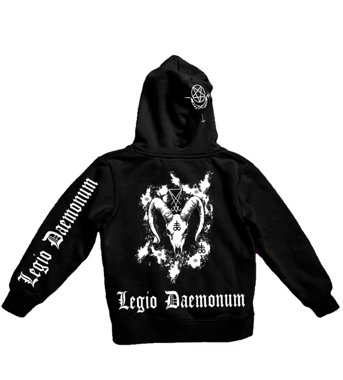 Acusinkt Legio Daemonum unisex sweater in zwart, achterkant met sigil en tekst op de mouw
