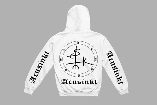 Acusinkt Original hoodie in wit, achterkant met grote sigil en logotekst