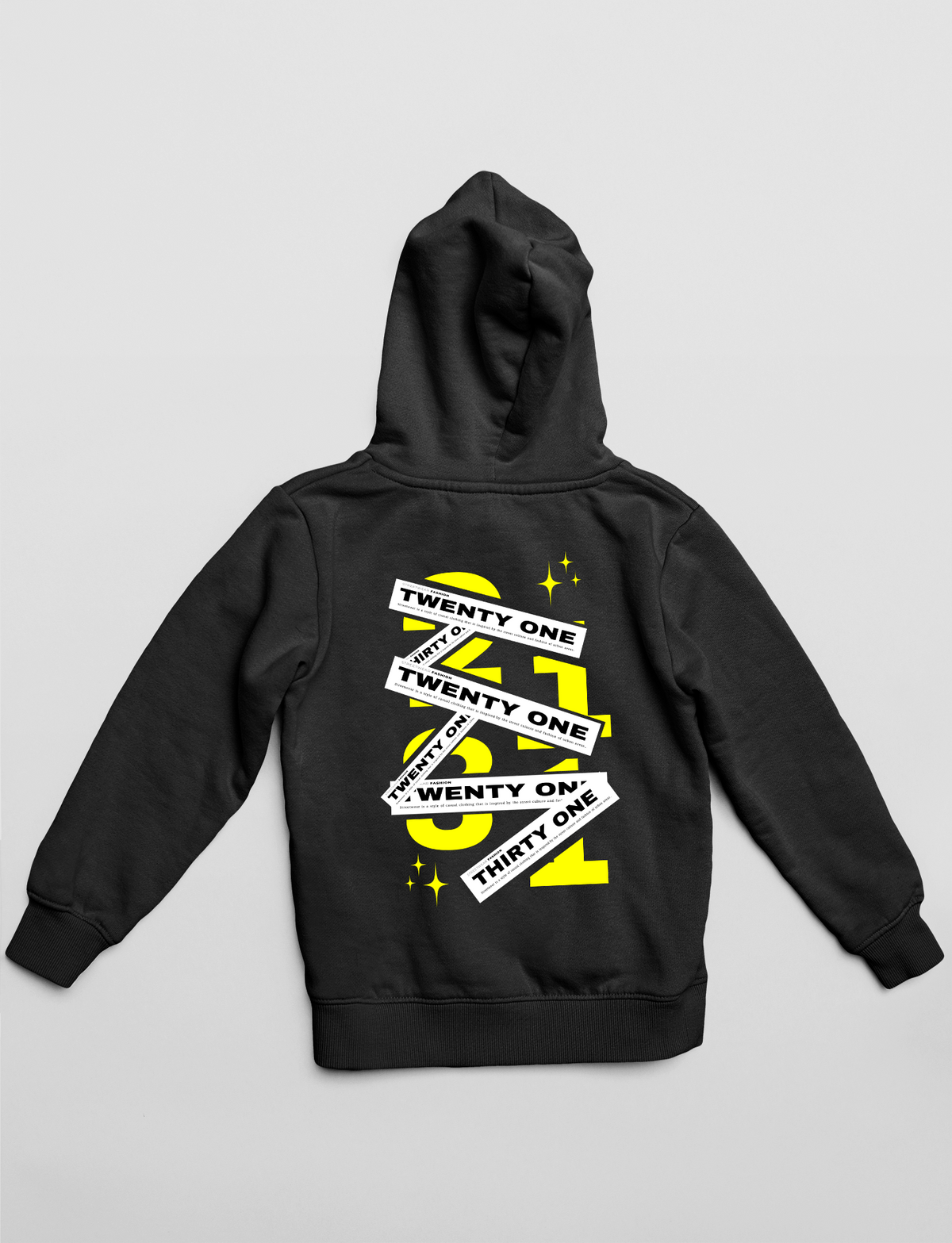 Acusinkt Twenty One Thirty One unisex hoodie in zwart met gele streetwear-print