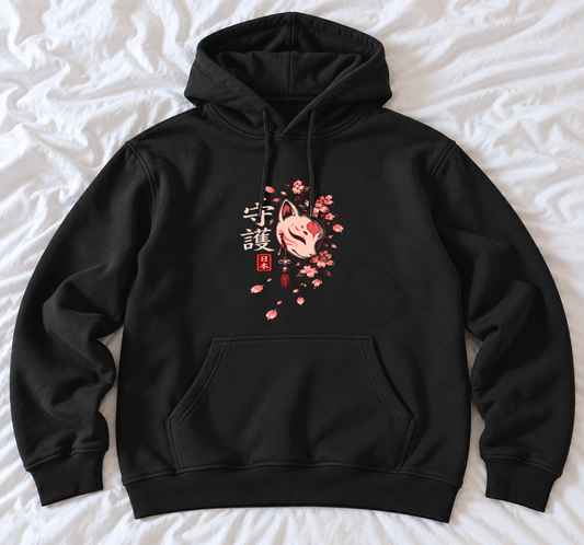 Zwarte Zen Moment hoodie, voorkant op wit laken: vossenmasker met rood kwastje, sakura, kanji 守護 en 日本-zegel