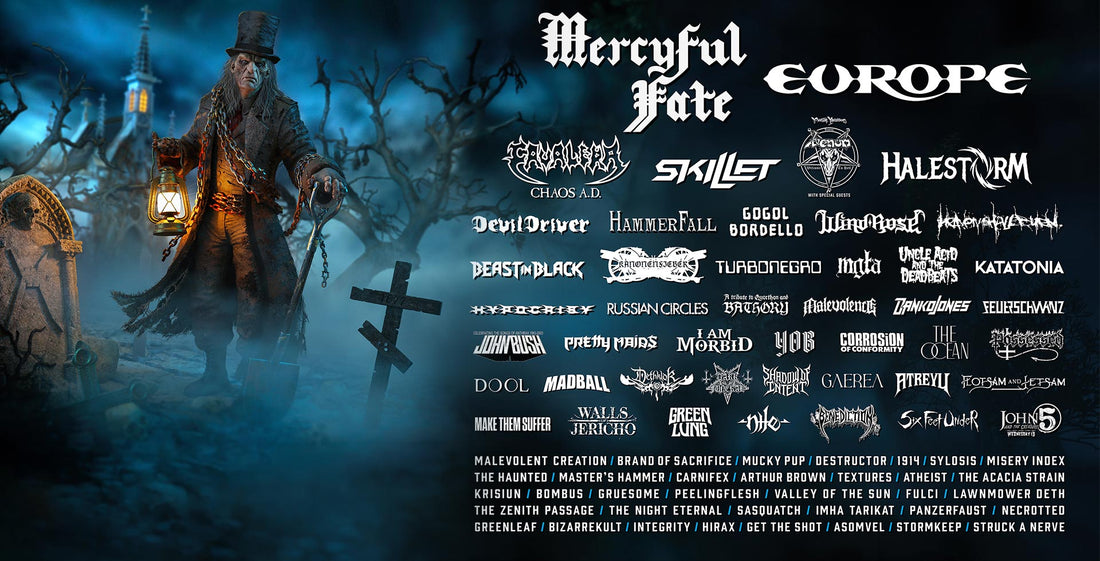 Officiële affiche van Alcatraz 2027 in Kortrijk met de line-up tot nu toe, onder meer Mercyful Fate, Europe en Skillet