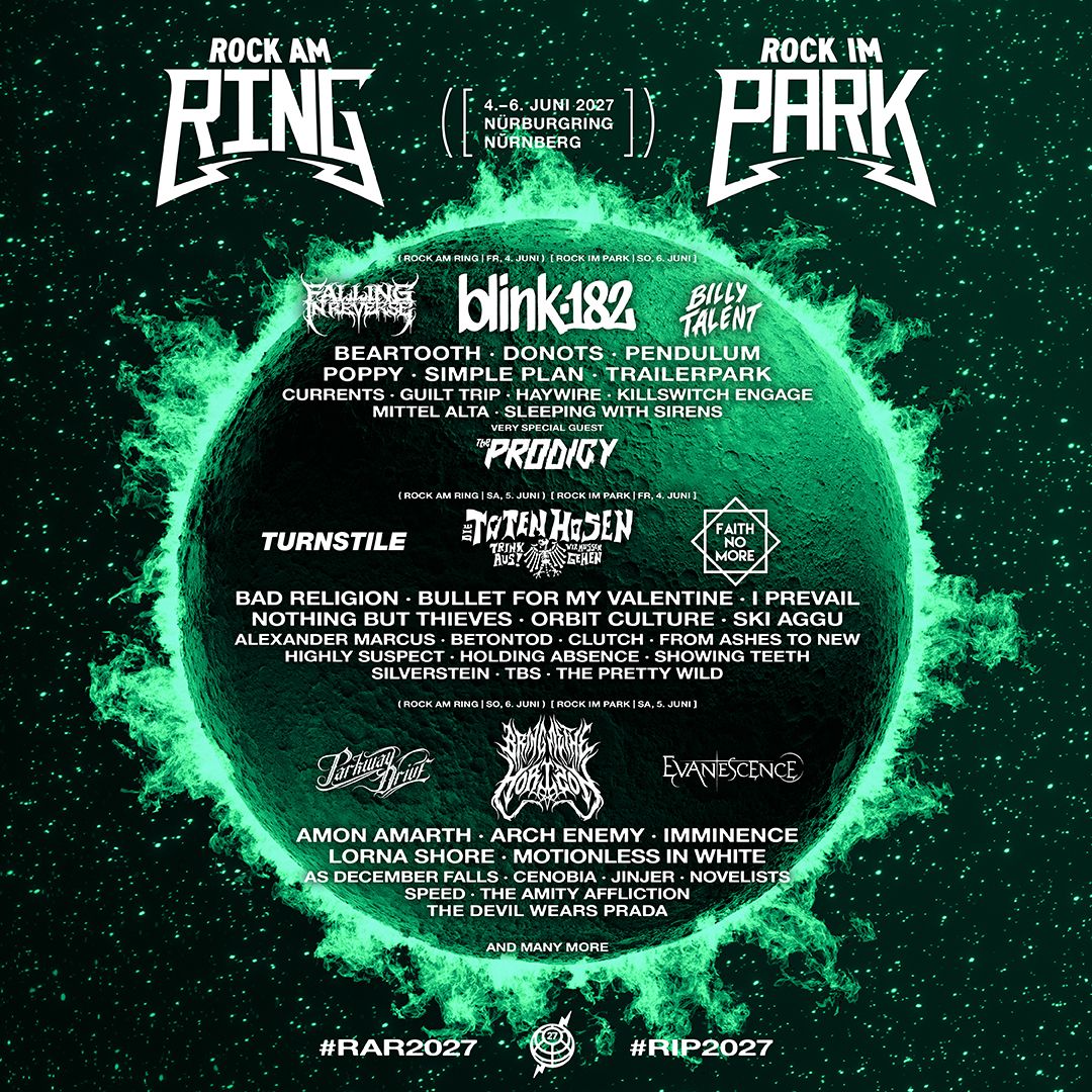 Officiële line-upaffiche van Rock am Ring 2027 en Rock im Park 2027 met onder meer Killswitch Engage, Jinjer en Pendulum