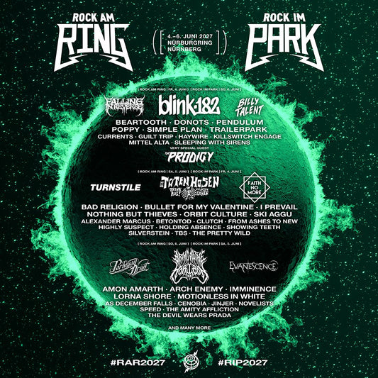 Officiële line-upaffiche van Rock am Ring 2027 en Rock im Park 2027 met onder meer Killswitch Engage, Jinjer en Pendulum