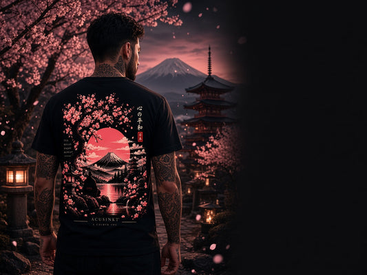 Acusinkt Zen: A Calmer You T-shirt in zwart met Fuji en sakura, in een Japanse tuin bij nacht