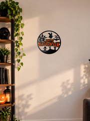 Acusinkt Happy Halloween decoratie 24 cm, zwart-oranje wandbord met heks aan de muur