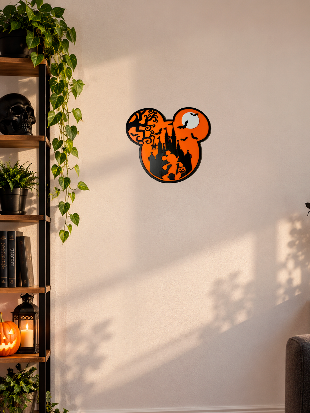Halloween Mickey 3D wanddecoratie in oranje met kasteel en vleermuizen | Acusinkt