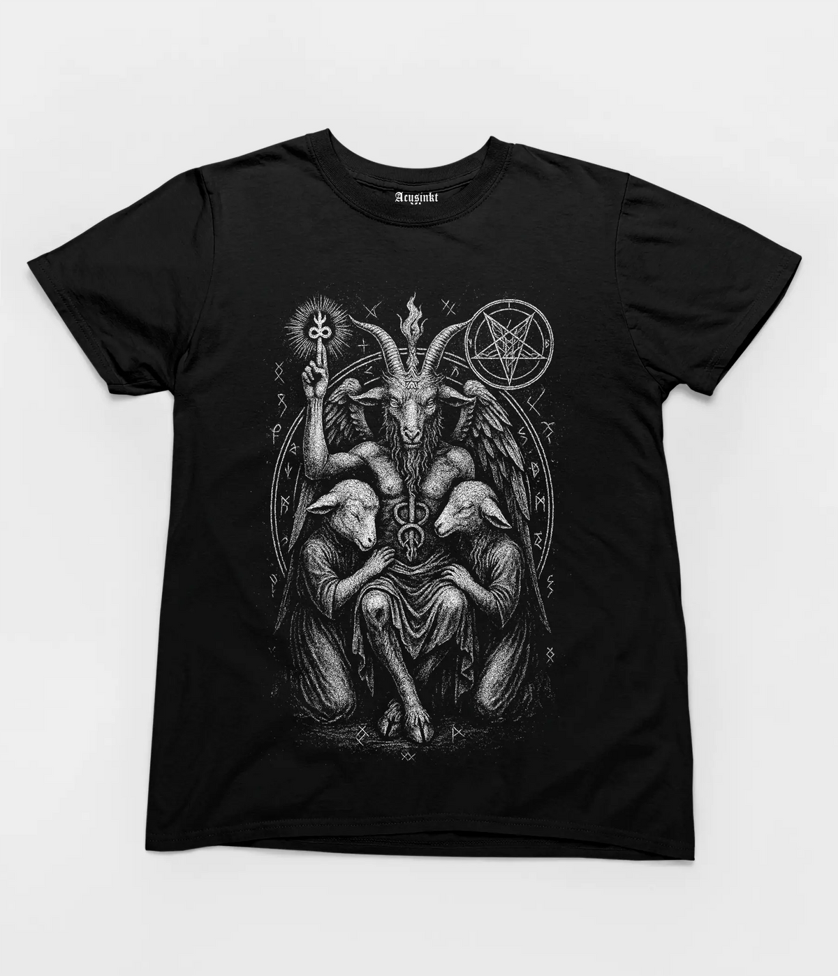 Acusinkt De Troon van Baphomet unisex t-shirt in zwart met Baphomet op een troon