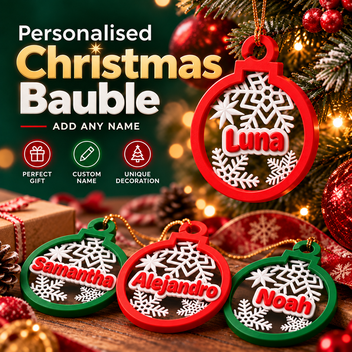 Acusinkt gepersonaliseerde kerstbal met naam, rode en groene ballen met sneeuwvlokken