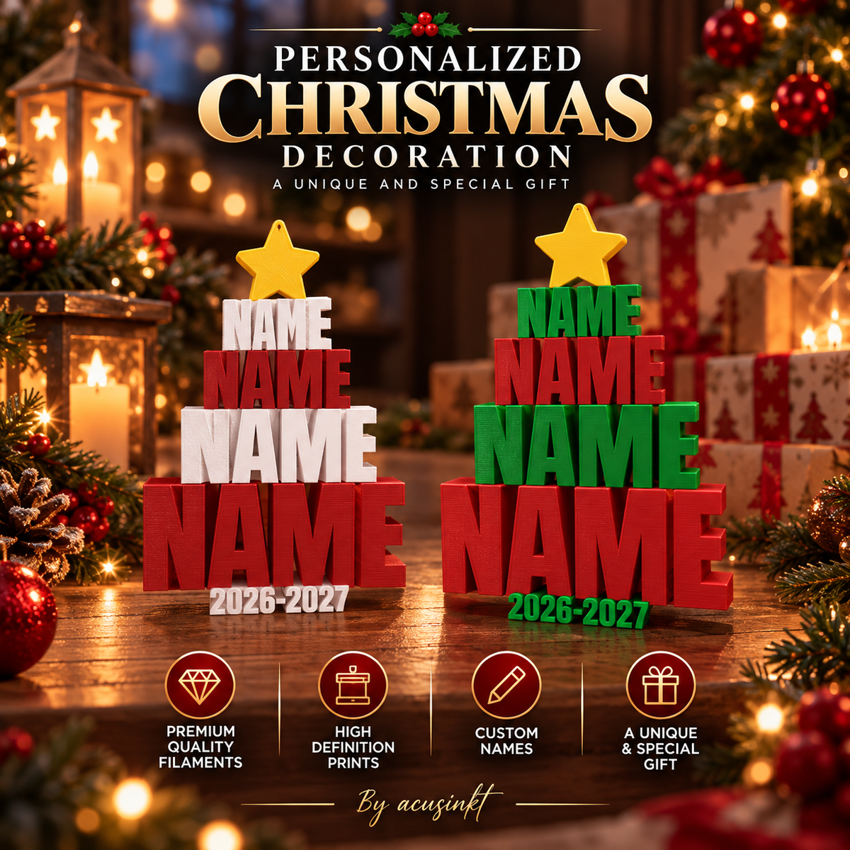 Acusinkt gepersonaliseerde 3D-geprinte kerstboom met namen in rood, wit en groen