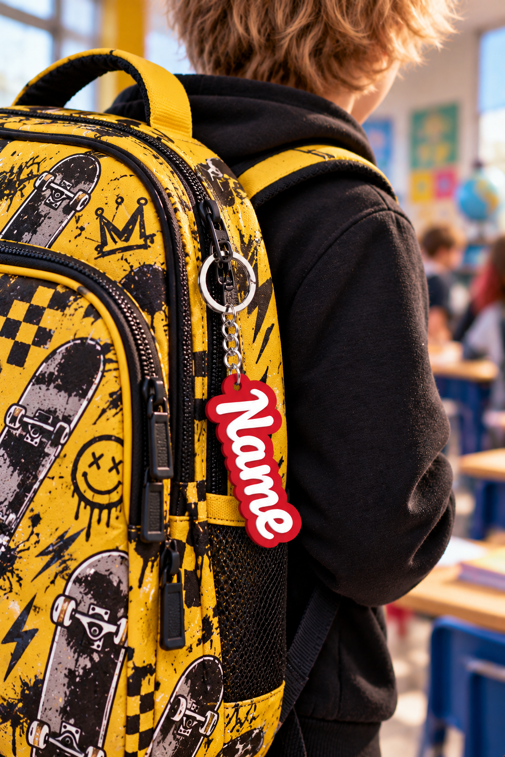 Acusinkt gepersonaliseerde naam-sleutelhanger in rood aan een gele schooltas