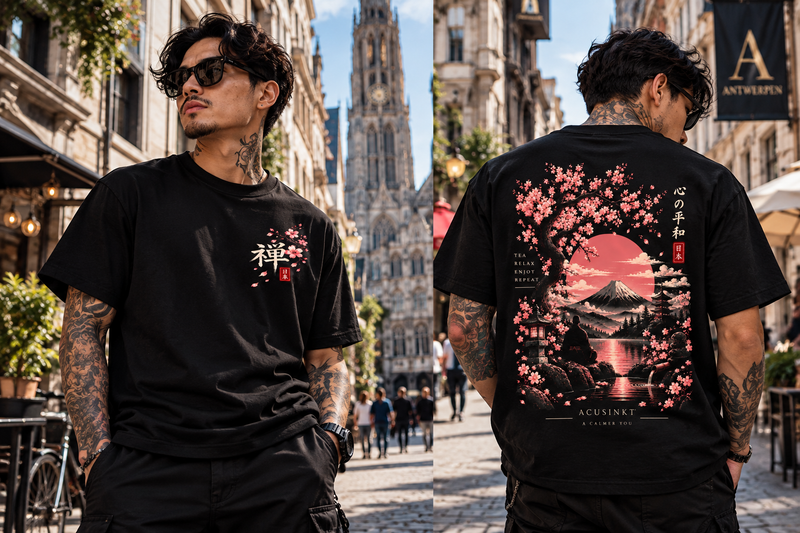 Acusinkt Mount Fuji t-shirt uit de Sakura-collectie gedragen door een man in de stad