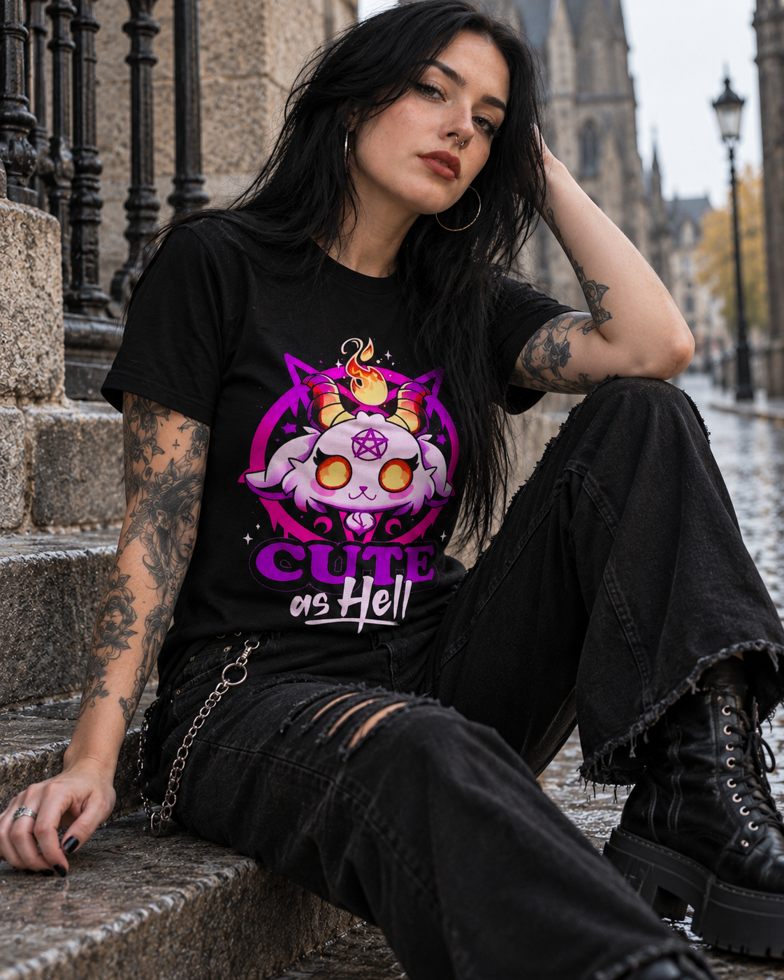 CUTE as Hell T-shirt – zwart unisex shirt met kawaii geitje