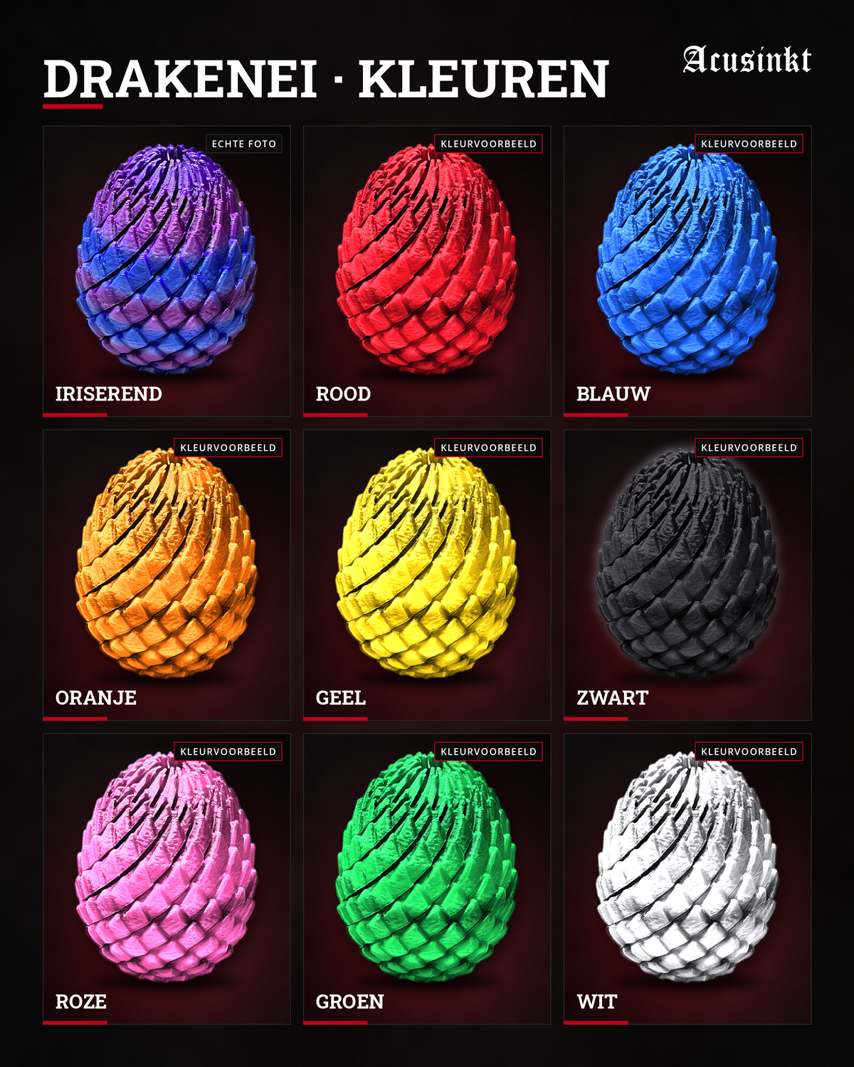 Acusinkt Drakenei: overzicht van kleurvoorbeelden in rood, blauw, oranje, geel, zwart, roze, groen en wit, naast de echte foto in iriserend paars-blauw-roze.