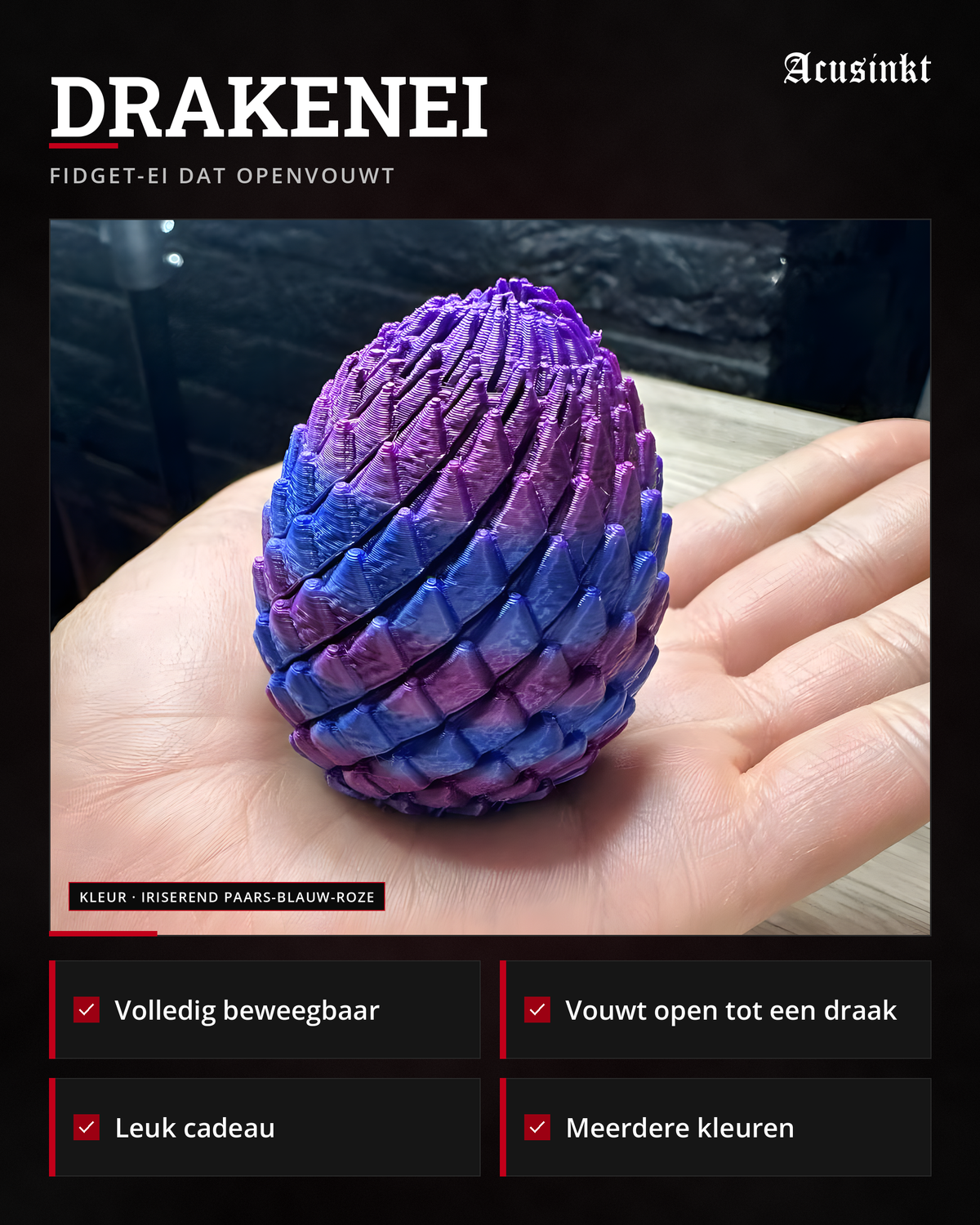 Acusinkt Drakenei in iriserend paars-blauw-roze in een hand, met de punten Volledig beweegbaar, Vouwt open tot een draak, Leuk cadeau en Meerdere kleuren.