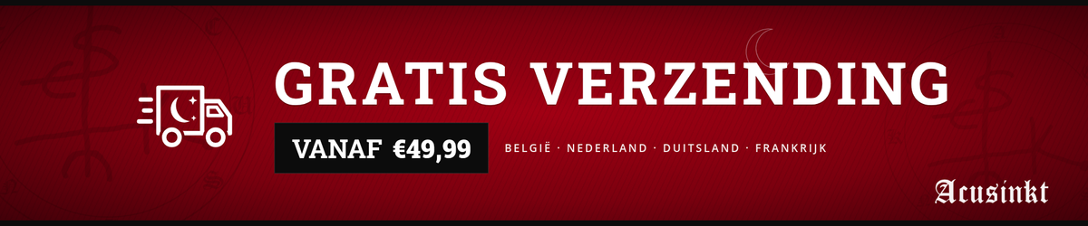 Acusinkt: gratis verzending vanaf €49,99 naar België, Nederland, Duitsland en Frankrijk – wijnrode banner met sigil en bestelwagen
