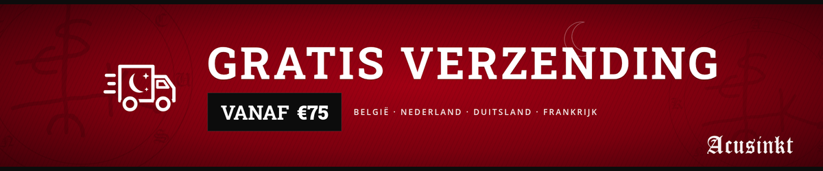 Acusinkt: gratis verzending vanaf €75 naar België, Nederland, Duitsland en Frankrijk – wijnrode banner met sigil en bestelwagen