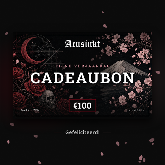 Acusinkt cadeaubon van €100 voor een verjaardag, met Dark-rozen en Zen-kersenbloesem rond de berg Fuji