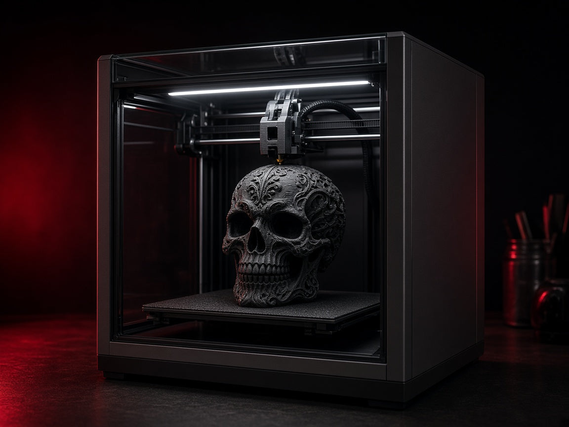 Acusinkt 3D-print: gesloten 3D-printer print een zwarte gotische schedel, in wijnrood licht