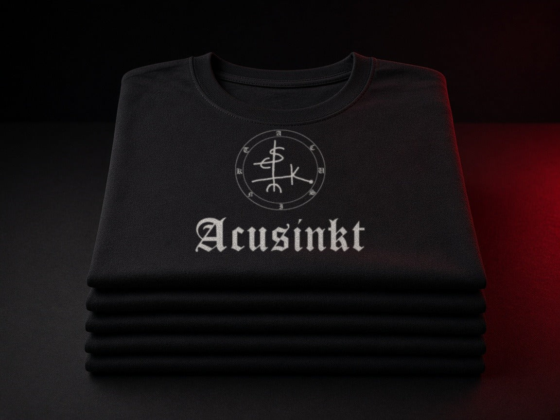 Acusinkt kleding op maat: gestapelde zwarte T-shirts met het Acusinkt-logo, klaar voor een event, in wijnrood licht