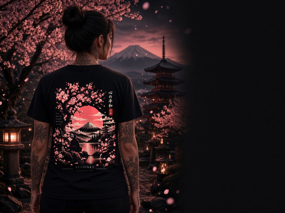 Acusinkt Zen: A Calmer You T-shirt in zwart met Fuji en sakura op de rug, gedragen door een getatoeëerde vrouw in een Japanse tuin bij nacht