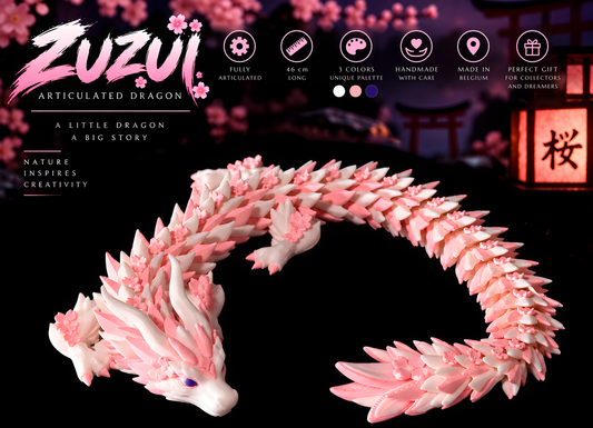 Acusinkt ZUZUI infografiek: beweegbare draak van 46 cm in wit en roze met kersenbloesems en paarse ogen voor een sakura-achtergrond met torii en lantaarn, met de kenmerken volledig beweegbaar, 3 kleuren, handgemaakt met zorg in België en een perfect cadeau voor verzamelaars en dromers