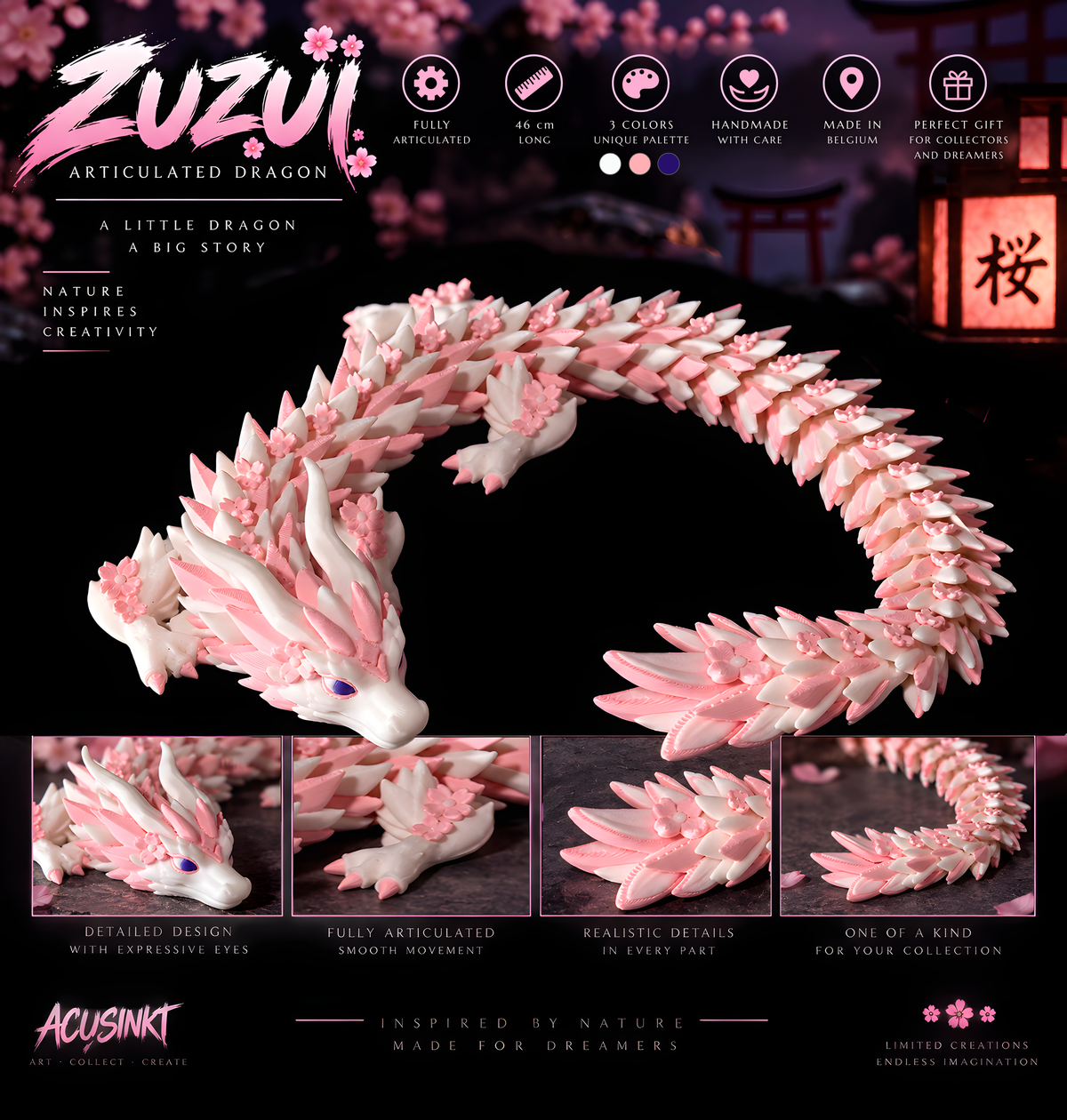 Acusinkt ZUZUI infografiek: beweegbare draak van 46 cm in wit en roze met kersenbloesems en paarse ogen, met de kenmerken volledig beweegbaar, 3 kleuren, handgemaakt met zorg in België en het perfecte cadeau voor verzamelaars en dromers, plus vier detailfoto's van de draak