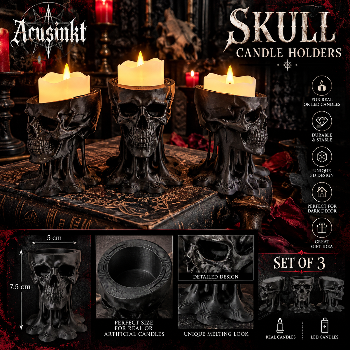 Skull candle holders set of 3 Acusinkt
