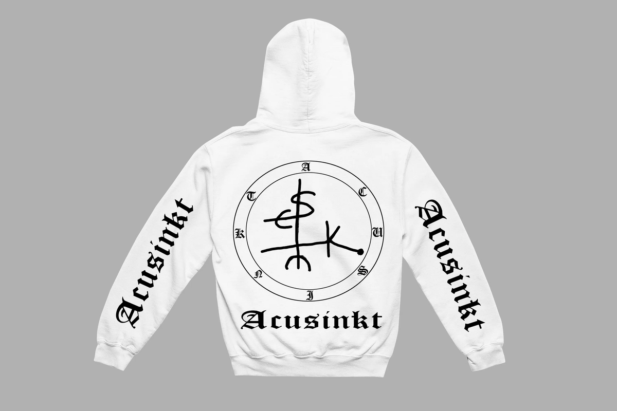 Acusinkt Original hoodie in wit, achterkant met grote sigil en logotekst