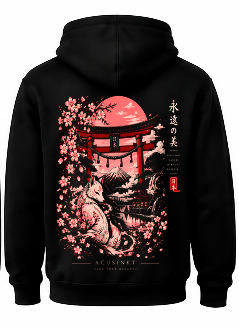 Detail achterkant zwarte Zen Moment hoodie: witte vos, torii met touw en belletjes, Fuji, 永遠の美, FIND YOUR BALANCE