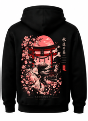 Detail achterkant zwarte Zen Moment hoodie: witte vos, torii met touw en belletjes, Fuji, 永遠の美, FIND YOUR BALANCE