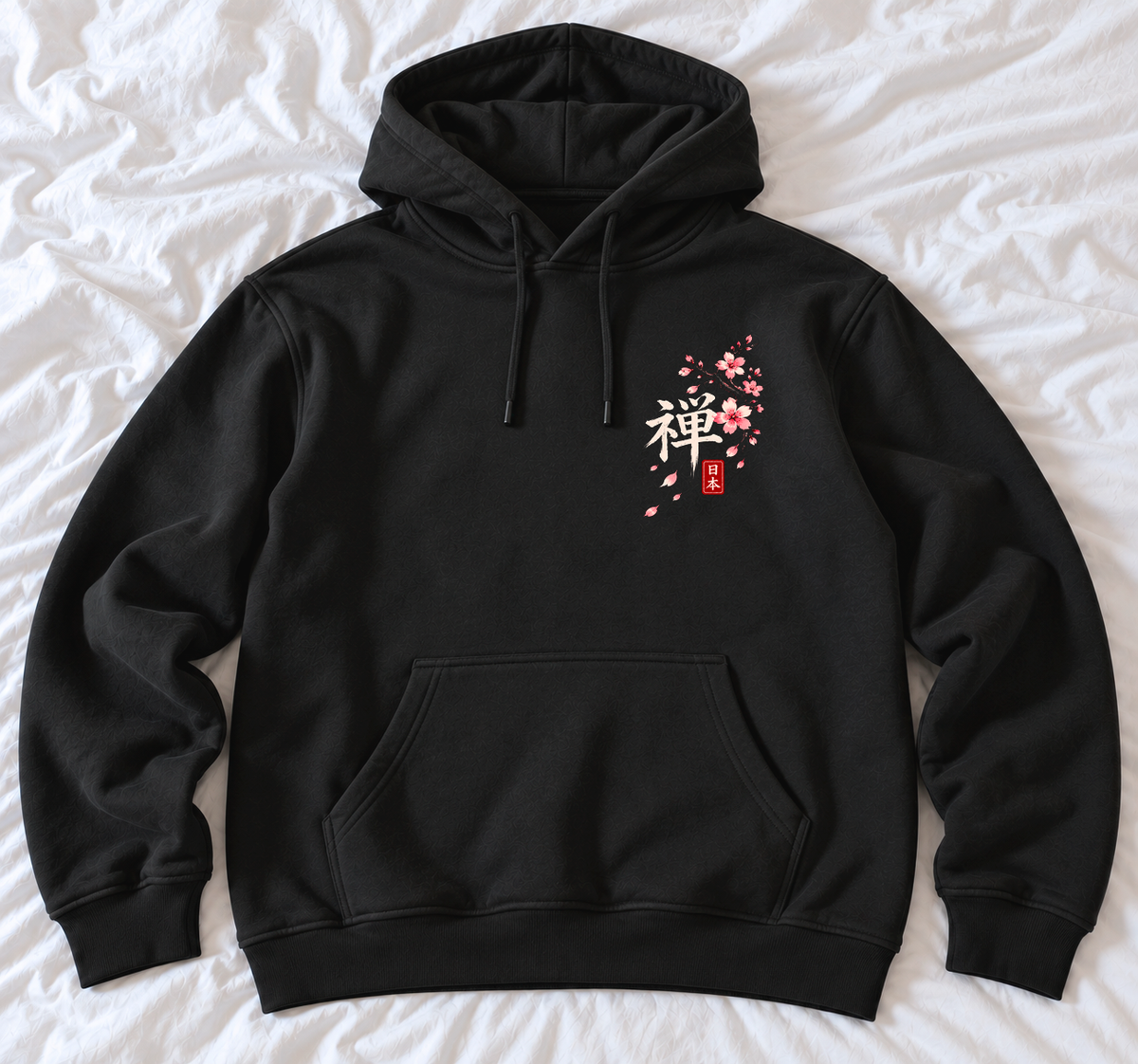 Zwarte Mount Fuji hoodie, voorkant op wit laken: kanji 禅 met kersenbloesems en 日本-zegel, trekkoord en buidelzak