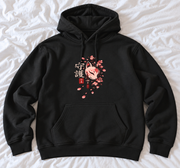 Zwarte Zen Moment hoodie, voorkant op wit laken: vossenmasker met rood kwastje, sakura, kanji 守護 en 日本-zegel