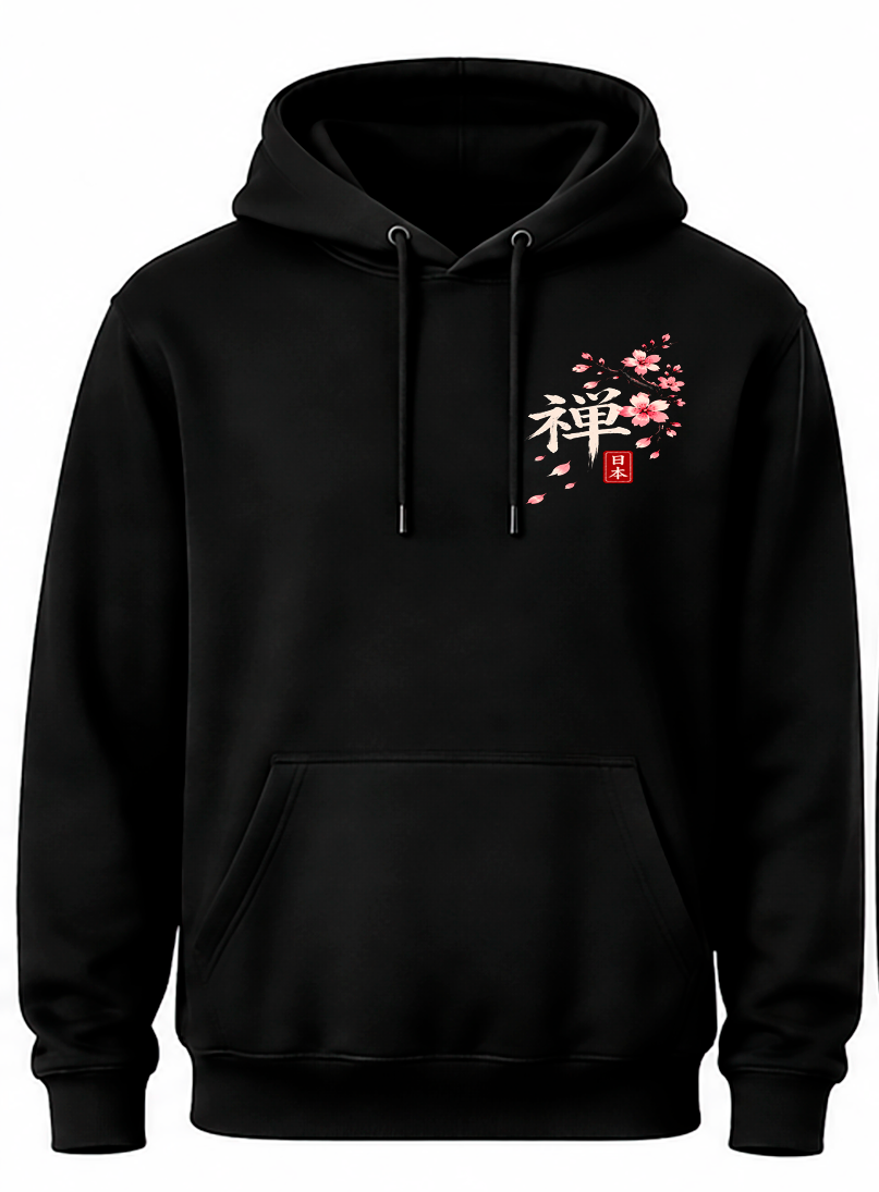 Detail voorkant zwarte Mount Fuji hoodie: kanji 禅 met kersenbloesems, bloemblaadjes en rood 日本-zegel op de borst