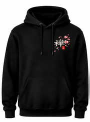 Detail voorkant zwarte Mount Fuji hoodie: kanji 禅 met kersenbloesems, bloemblaadjes en rood 日本-zegel op de borst