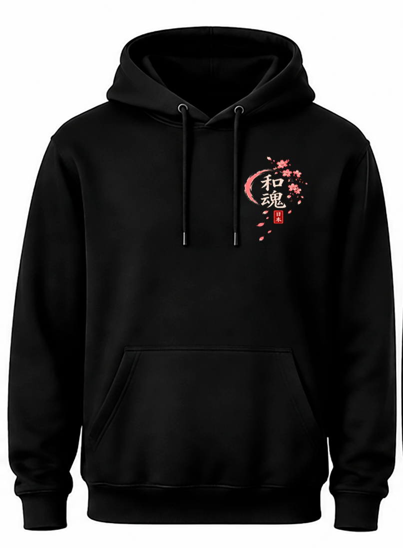 Detail voorkant zwarte Pagoda hoodie: kanji 和魂 in een roze cirkel met kersenbloesems en rood 日本-zegel op de borst