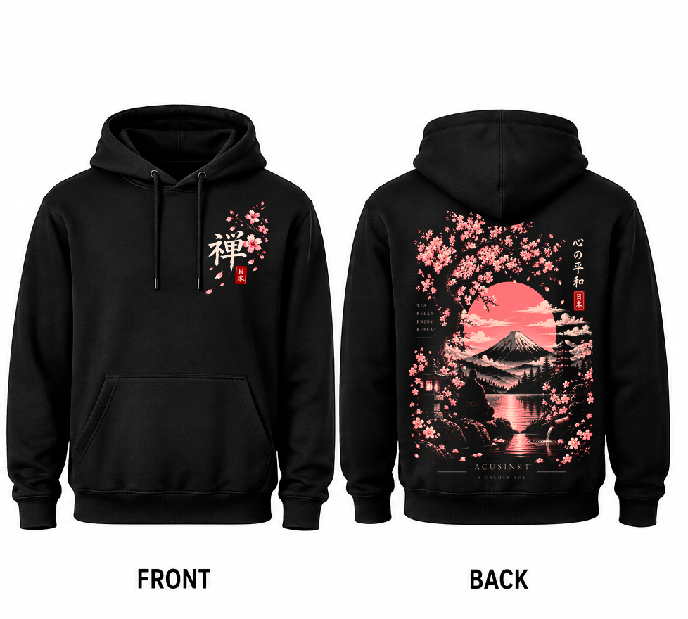 Zwarte Mount Fuji hoodie, voor- en achterkant naast elkaar: 禅 op de borst, Fuji, roze zon en sakura op de rug