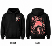 Zwarte Mount Fuji hoodie, voor- en achterkant naast elkaar: 禅 op de borst, Fuji, roze zon en sakura op de rug