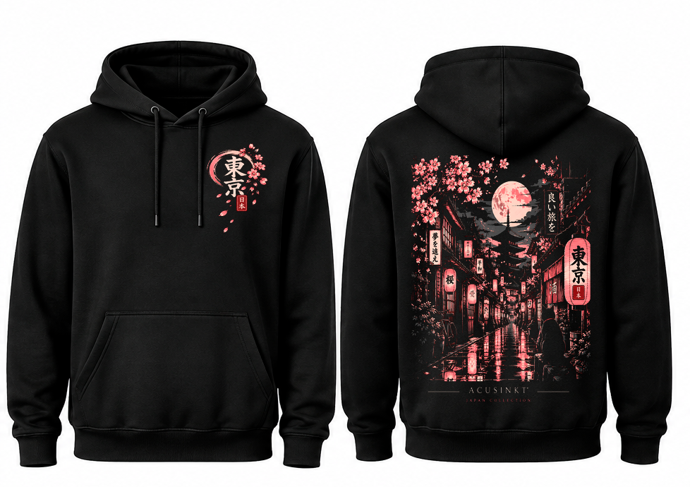Zwarte Sakura Street hoodie, voor- en achterkant naast elkaar: 東京 op de borst, straat met lantaarns op de rug