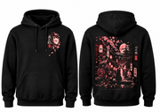 Zwarte Zen Harmony hoodie, voor- en achterkant naast elkaar: vossenmasker op de borst, geisha met kat op de rug