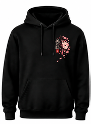 Zwarte Zen Harmony hoodie, voorkant: vossenmasker met katana, sakura en 美と影 met 日本-zegel op de linkerborst
