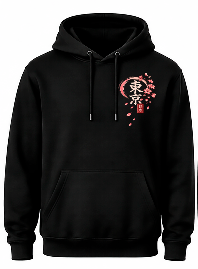 Zwarte Sakura Street hoodie, voorkant: 東京 in roze penseelcirkel met sakura en 日本-zegel op de linkerborst