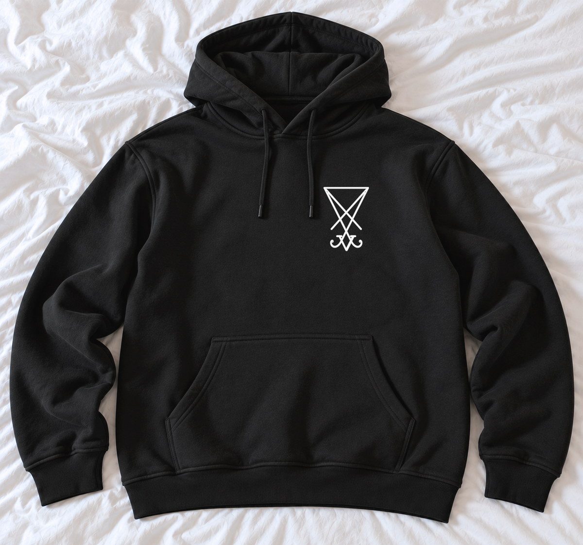 Zwarte gothic hoodie, voorkant met klein wit sigil-embleem op de borst, buidelzak en capuchon met trekkoord