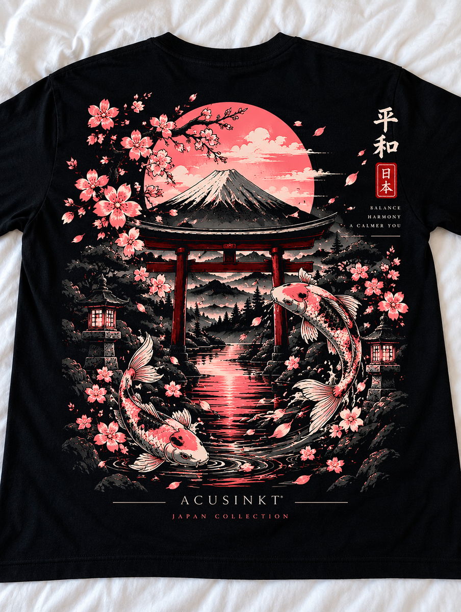 Acusinkt Pagoda t-shirt uit de Sakura-collectie, rugprint met pagode, koi en kersenbloesem