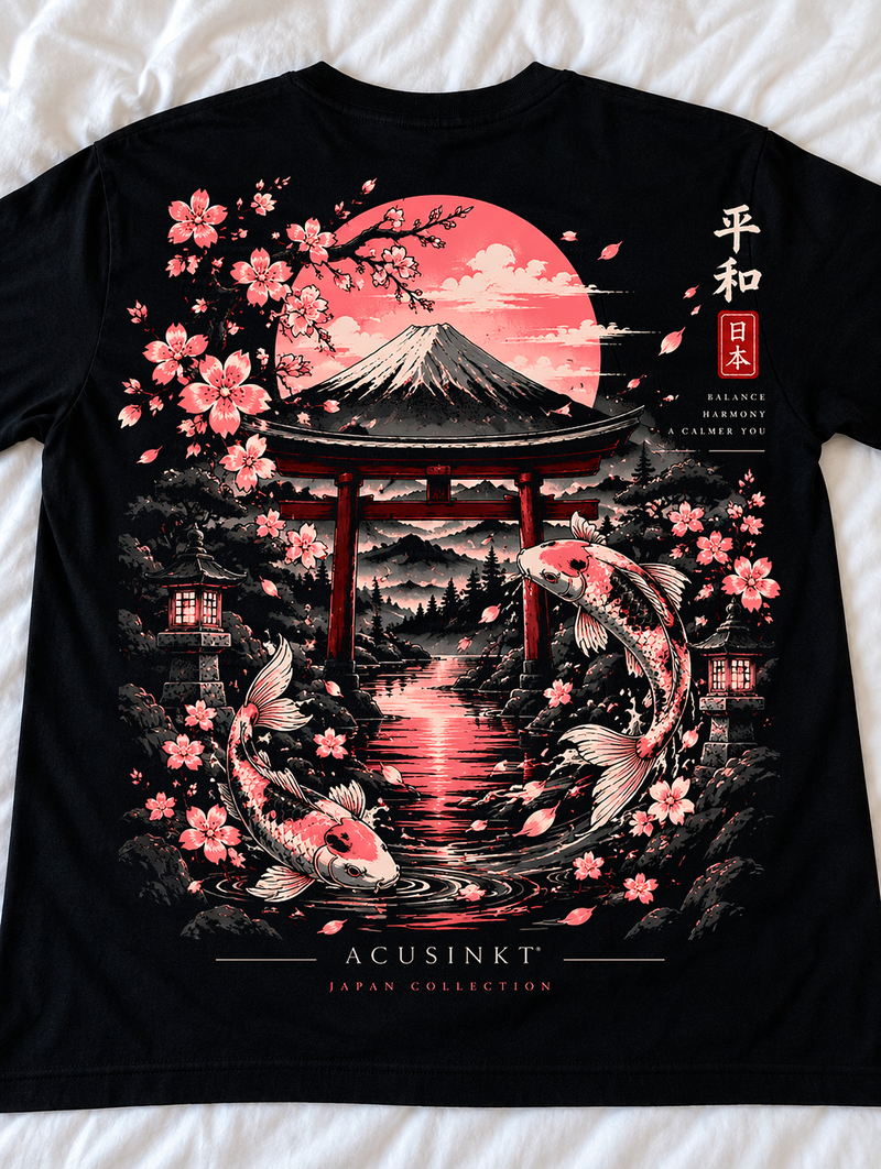 Acusinkt Pagoda t-shirt uit de Sakura-collectie, rugprint met pagode, koi en kersenbloesem
