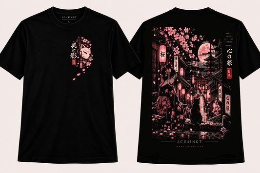 Schwarzes Zen Harmony T-Shirt, Vorder- und Rückseite nebeneinander: Kitsune-Maske mit Kirschblüten und 美と影 auf der linken Brust und großes Motiv mit Geisha, Katze, Laternenstraße, rosa Mond und Pagode auf dem Rücken