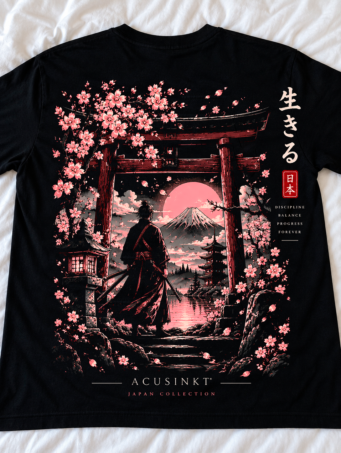 Acusinkt Serenity T-Shirt Zen Kollektion – Rückseite, schwarzes Unisex-Shirt, Samurai unter Torii, Fuji, Kirschblüten